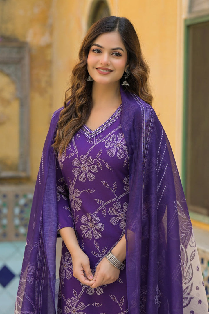 Purple Rayon Blend Bandhani Printed Straight Kurta Trouser With Dupatta | SHOBITAM