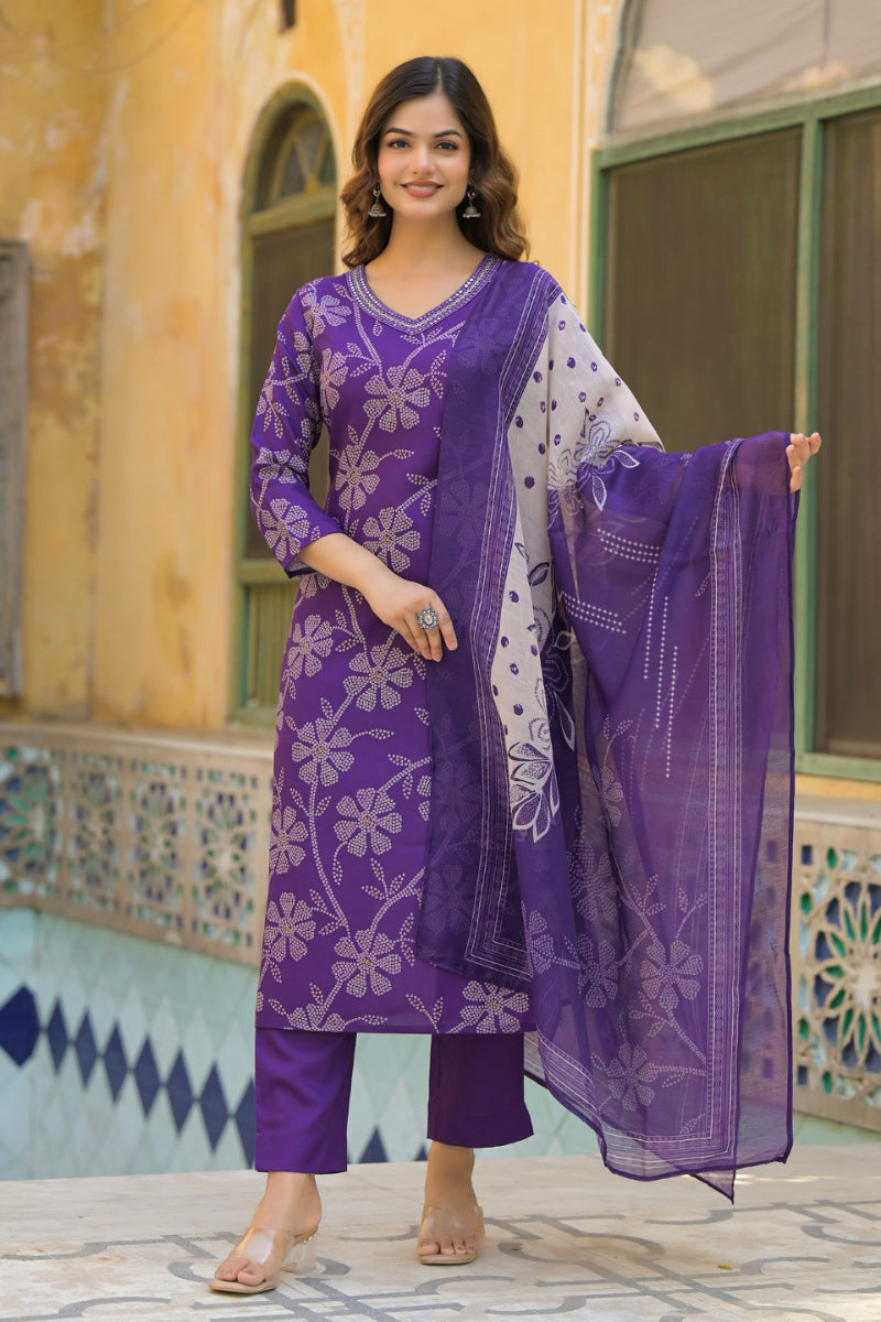 Purple Rayon Blend Bandhani Printed Straight Kurta Trouser With Dupatta | SHOBITAM