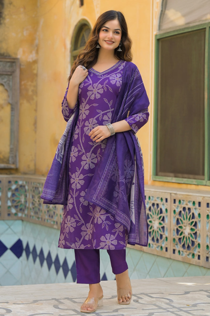 Purple Rayon Blend Bandhani Printed Straight Kurta Trouser With Dupatta | SHOBITAM