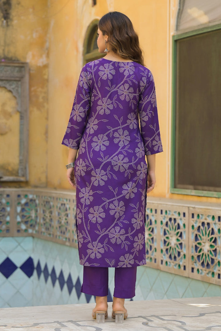 Purple Rayon Blend Bandhani Printed Straight Kurta Trouser With Dupatta | SHOBITAM