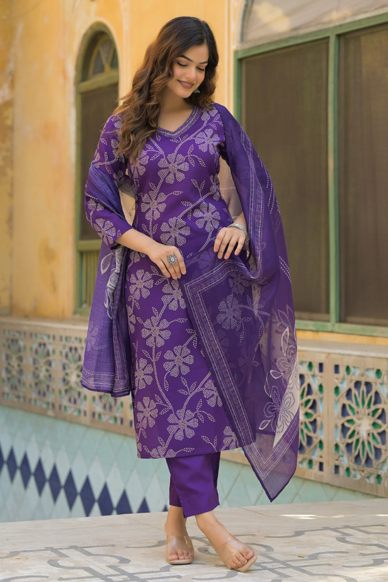 Purple Rayon Blend Bandhani Printed Straight Kurta Trouser With Dupatta | SHOBITAM