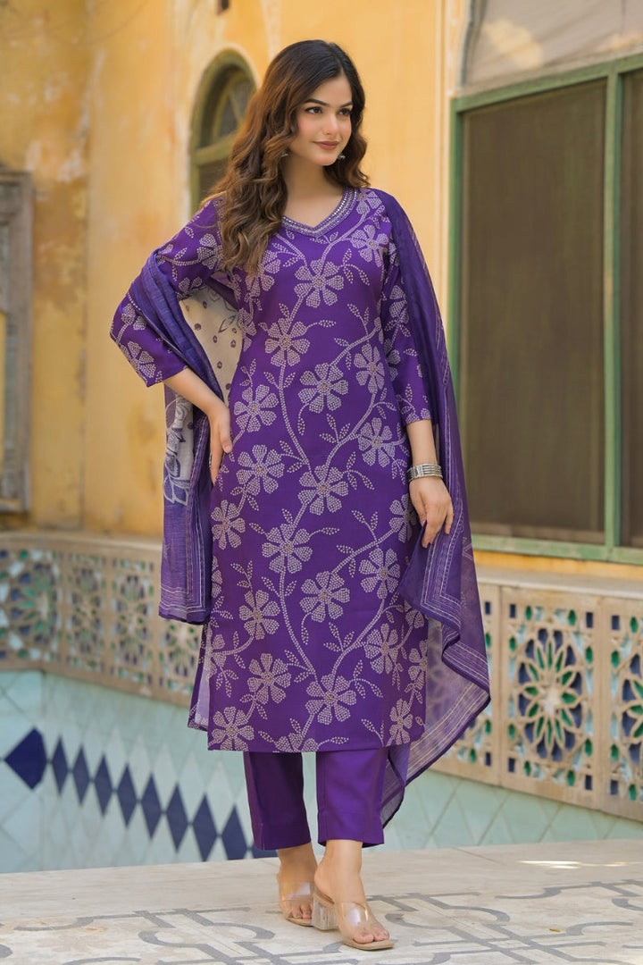 Purple Rayon Blend Bandhani Printed Straight Kurta Trouser With Dupatta | SHOBITAM