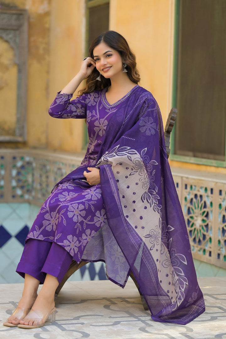 Purple Rayon Blend Bandhani Printed Straight Kurta Trouser With Dupatta | SHOBITAM