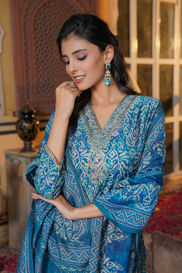 Blue Silk Blend Ikat Printed Straight Kurta Trousers With Dupatta | SHOBITAM