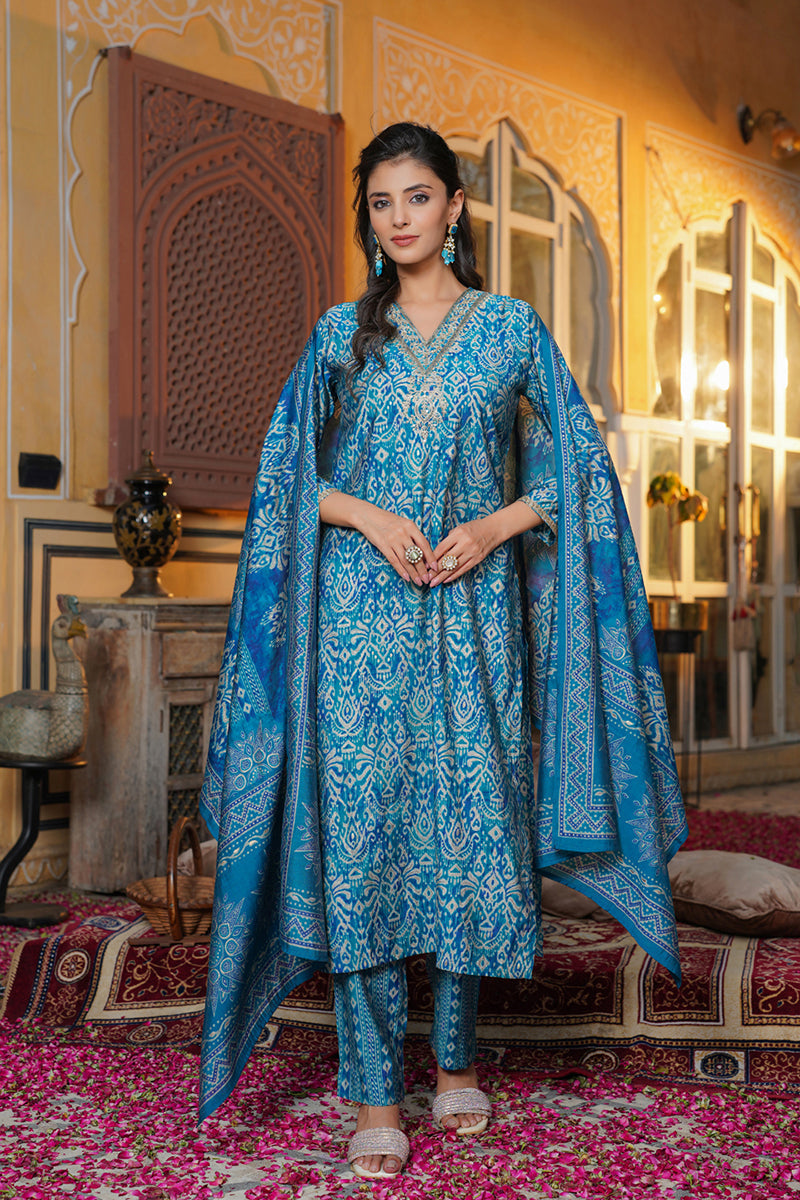Blue Silk Blend Ikat Printed Straight Kurta Trousers With Dupatta | SHOBITAM