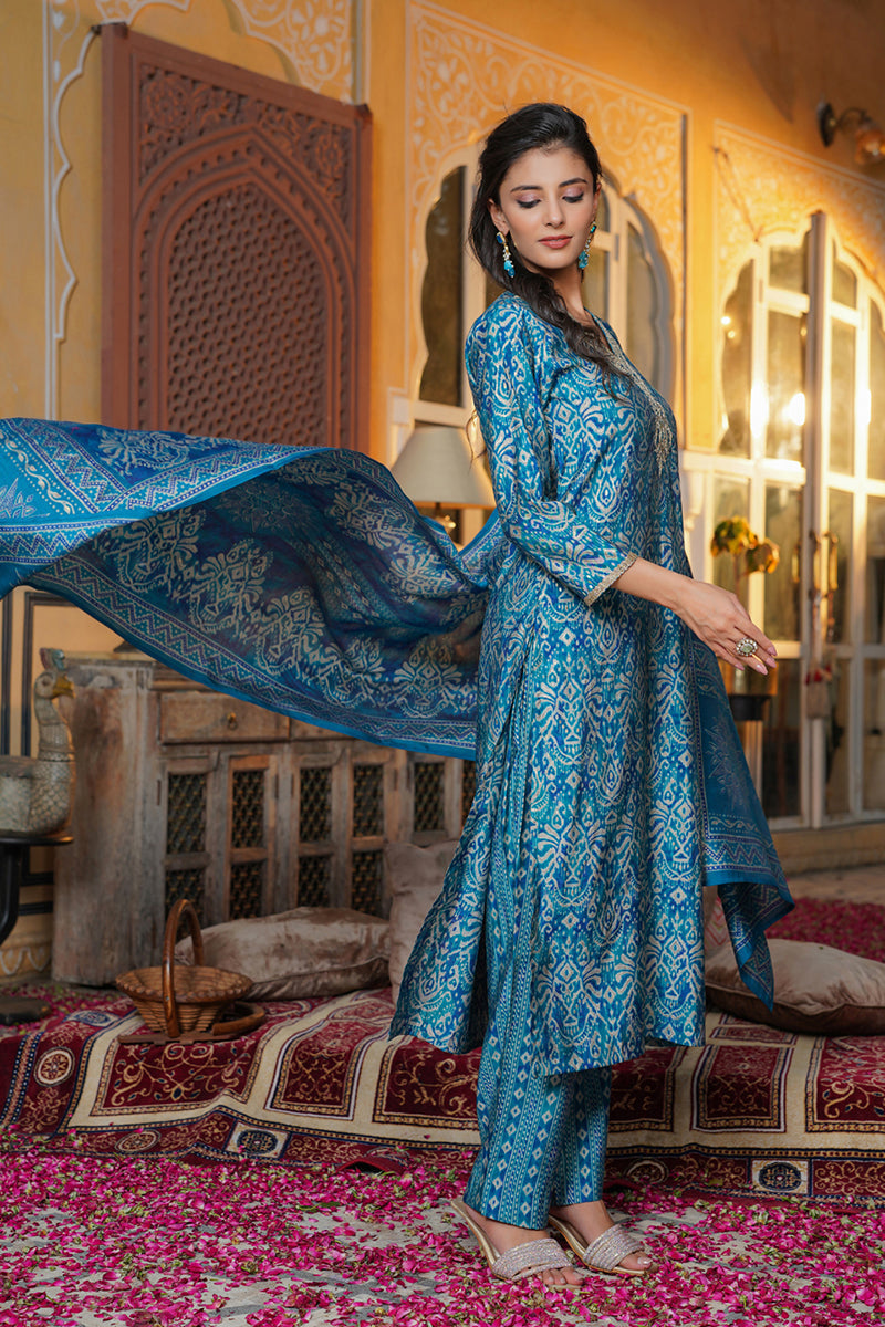 Blue Silk Blend Ikat Printed Straight Kurta Trousers With Dupatta | SHOBITAM