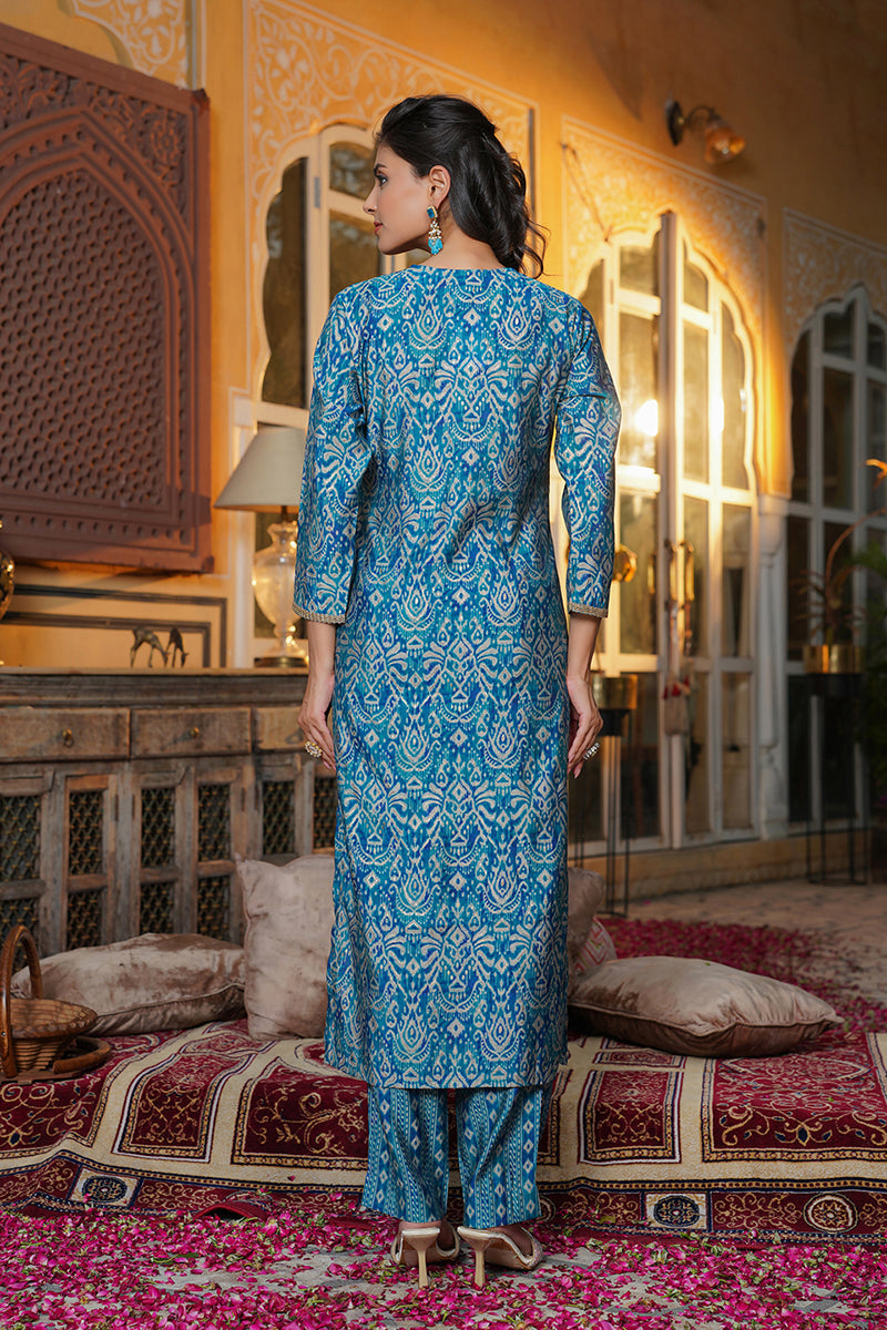 Blue Silk Blend Ikat Printed Straight Kurta Trousers With Dupatta | SHOBITAM