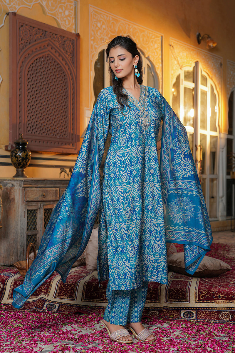 Blue Silk Blend Ikat Printed Straight Kurta Trousers With Dupatta | SHOBITAM