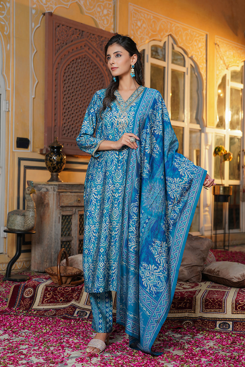 Blue Silk Blend Ikat Printed Straight Kurta Trousers With Dupatta | SHOBITAM