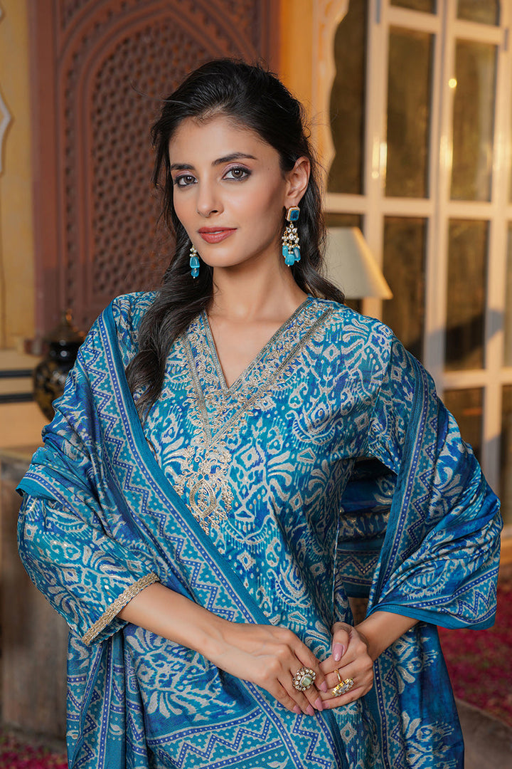 Blue Silk Blend Ikat Printed Straight Kurta Trousers With Dupatta | SHOBITAM