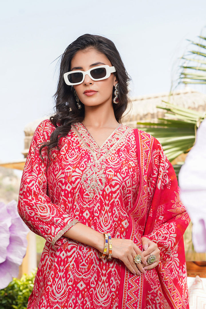 Red Silk Blend Ikat Printed Straight Kurta Trousers With Dupatta | SHOBITAM