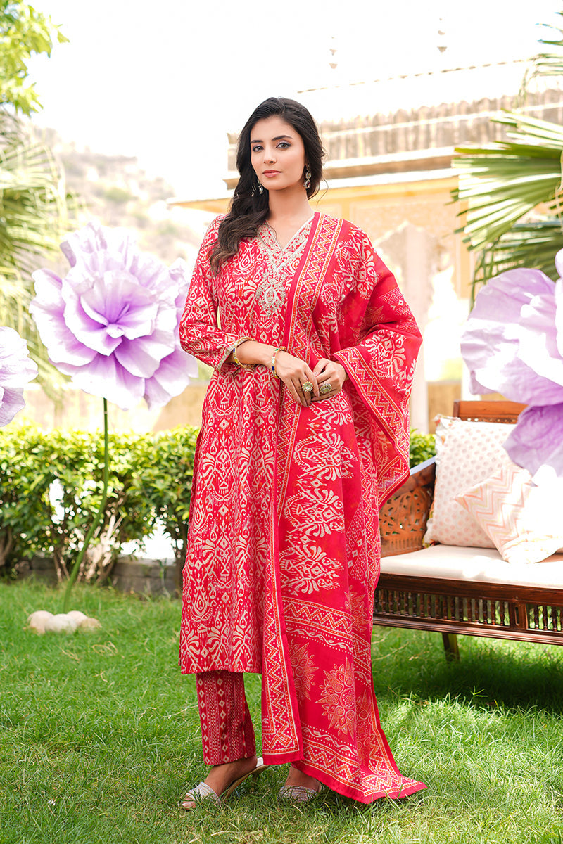 Red Silk Blend Ikat Printed Straight Kurta Trousers With Dupatta | SHOBITAM