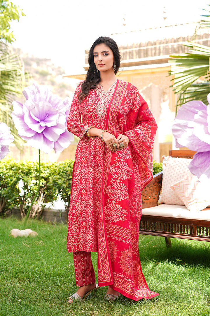 Red Silk Blend Ikat Printed Straight Kurta Trousers With Dupatta | SHOBITAM