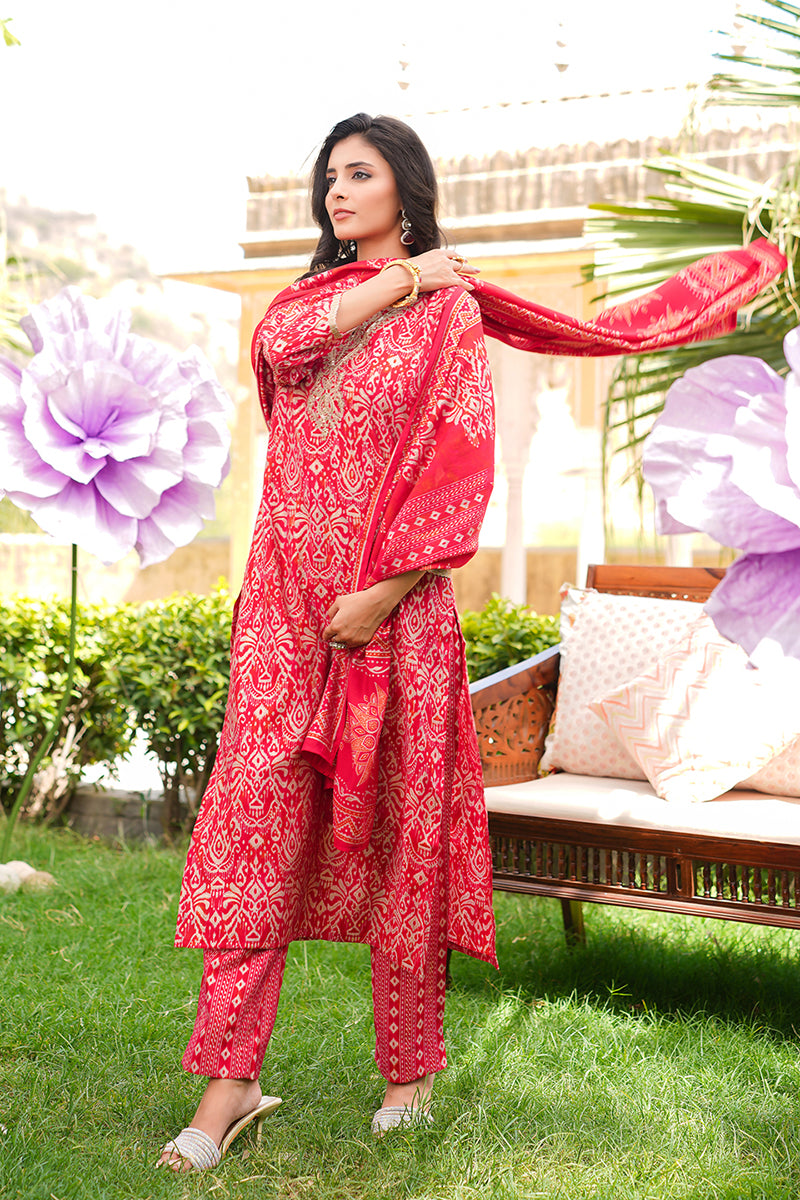 Red Silk Blend Ikat Printed Straight Kurta Trousers With Dupatta | SHOBITAM