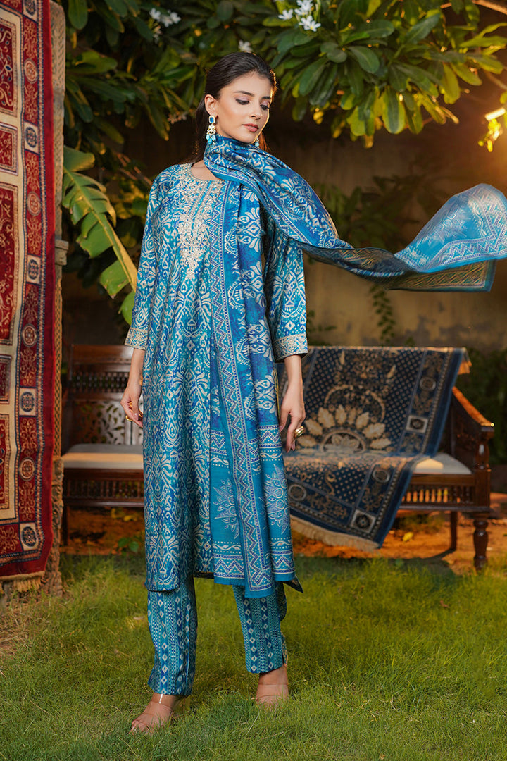 Blue Silk Blend Ikat Printed Straight Kurta Trousers With Dupatta | SHOBITAM