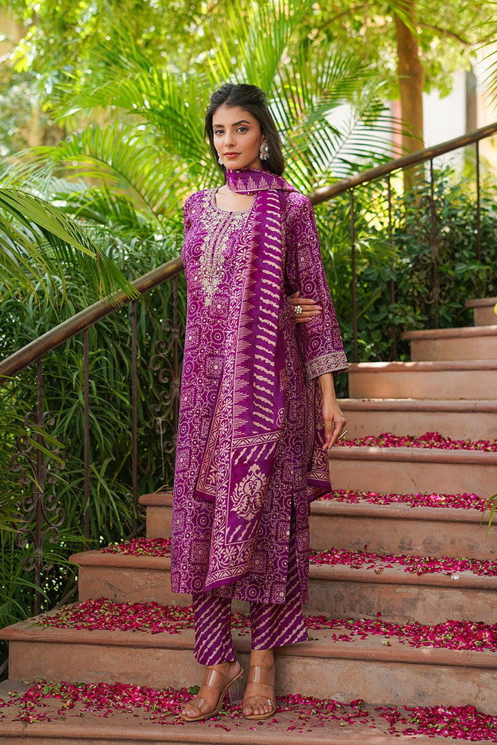 Purple Silk Blend Floral Embroidered Straight Kurta Trousers With Dupatta | SHOBITAM