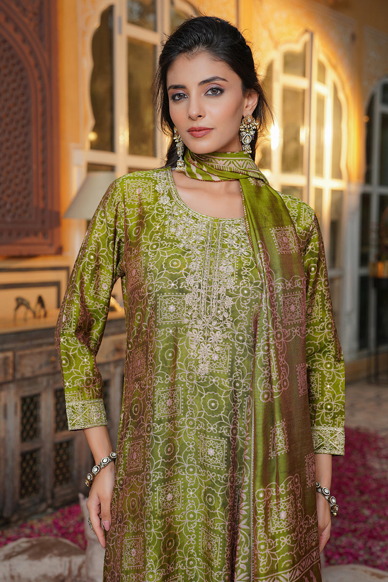 Green Silk Blend Floral Embroidered Straight Kurta Trousers With Dupatta  | SHOBITAM