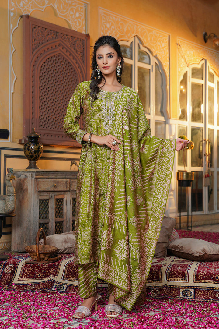 Green Silk Blend Floral Embroidered Straight Kurta Trousers With Dupatta  | SHOBITAM