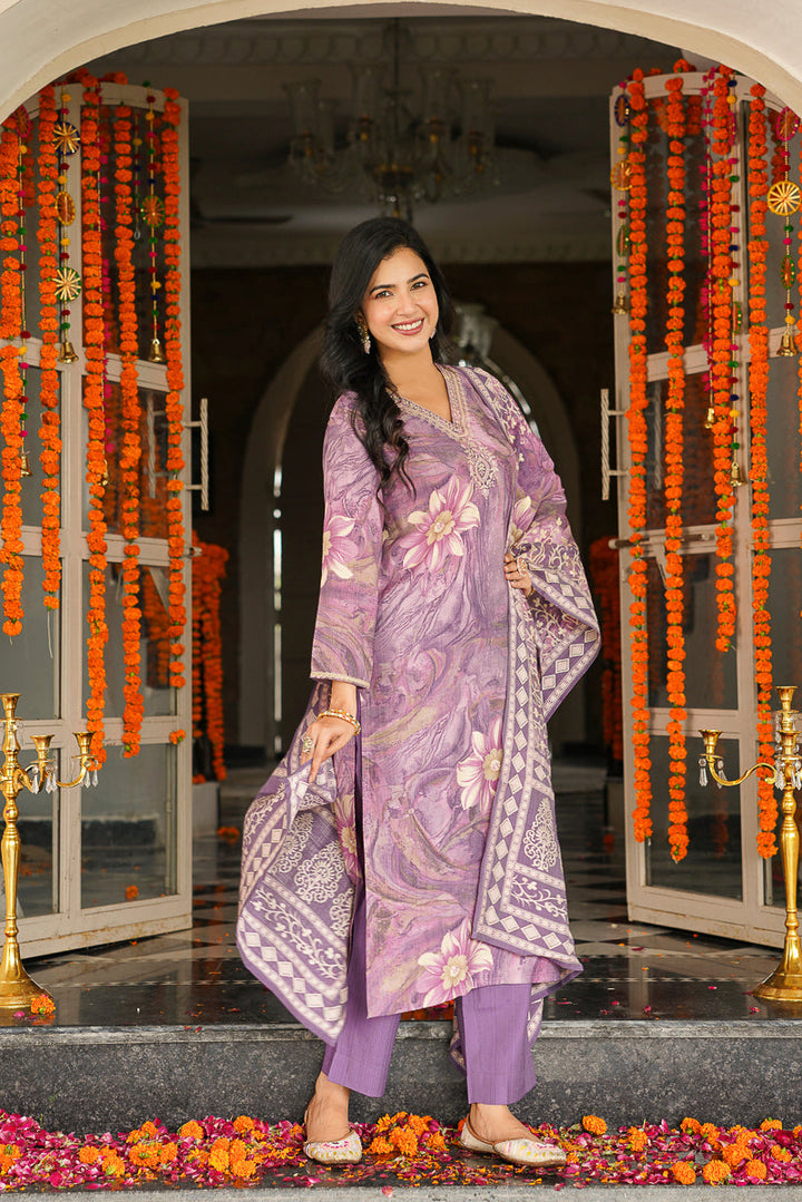 Lavender Viscose Rayon Floral Printed Straight Kurta Trousers With Dupatta | SHOBITAM