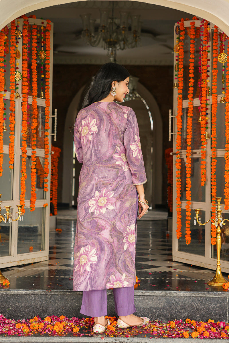 Lavender Viscose Rayon Floral Printed Straight Kurta Trousers With Dupatta | SHOBITAM