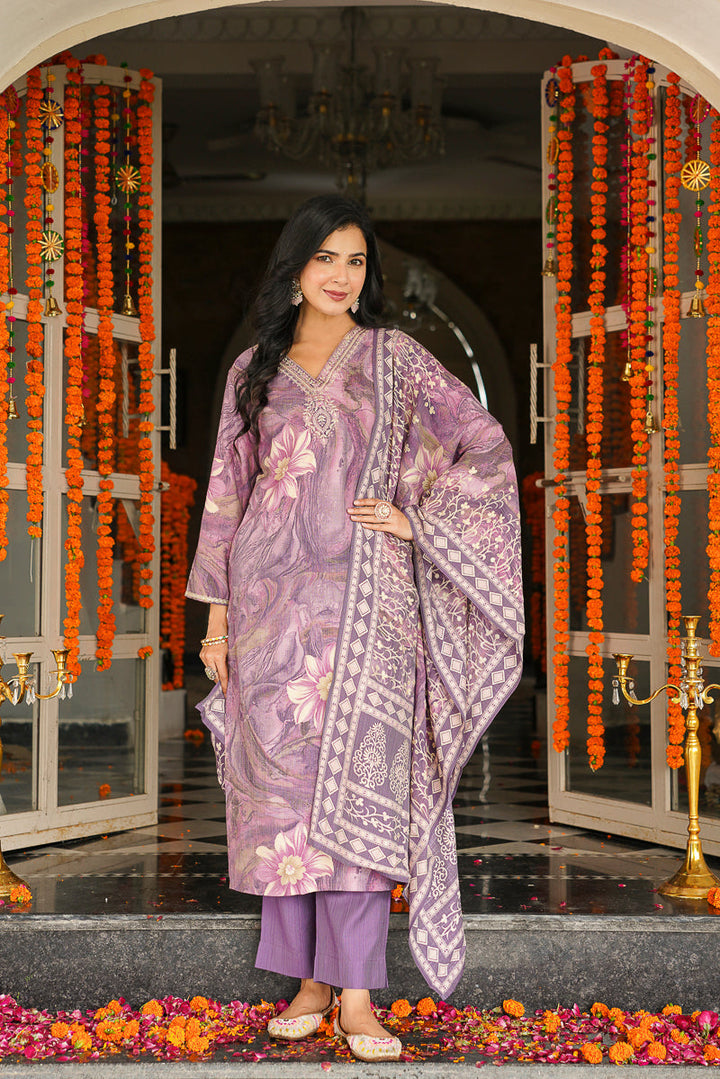 Lavender Viscose Rayon Floral Printed Straight Kurta Trousers With Dupatta | SHOBITAM