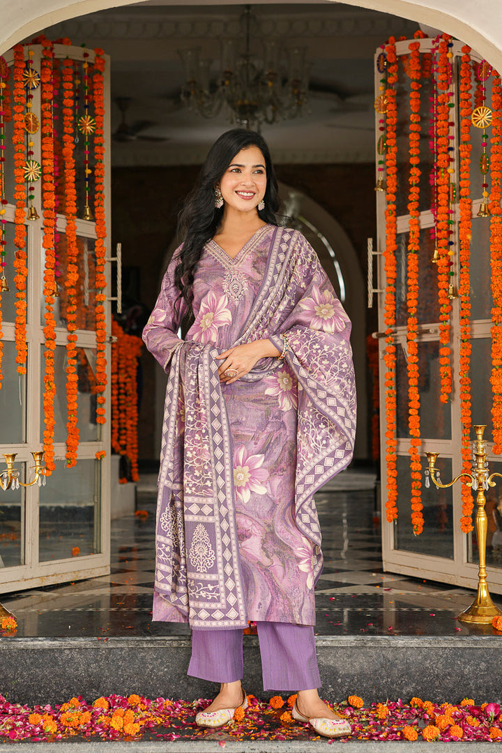 Lavender Viscose Rayon Floral Printed Straight Kurta Trousers With Dupatta | SHOBITAM