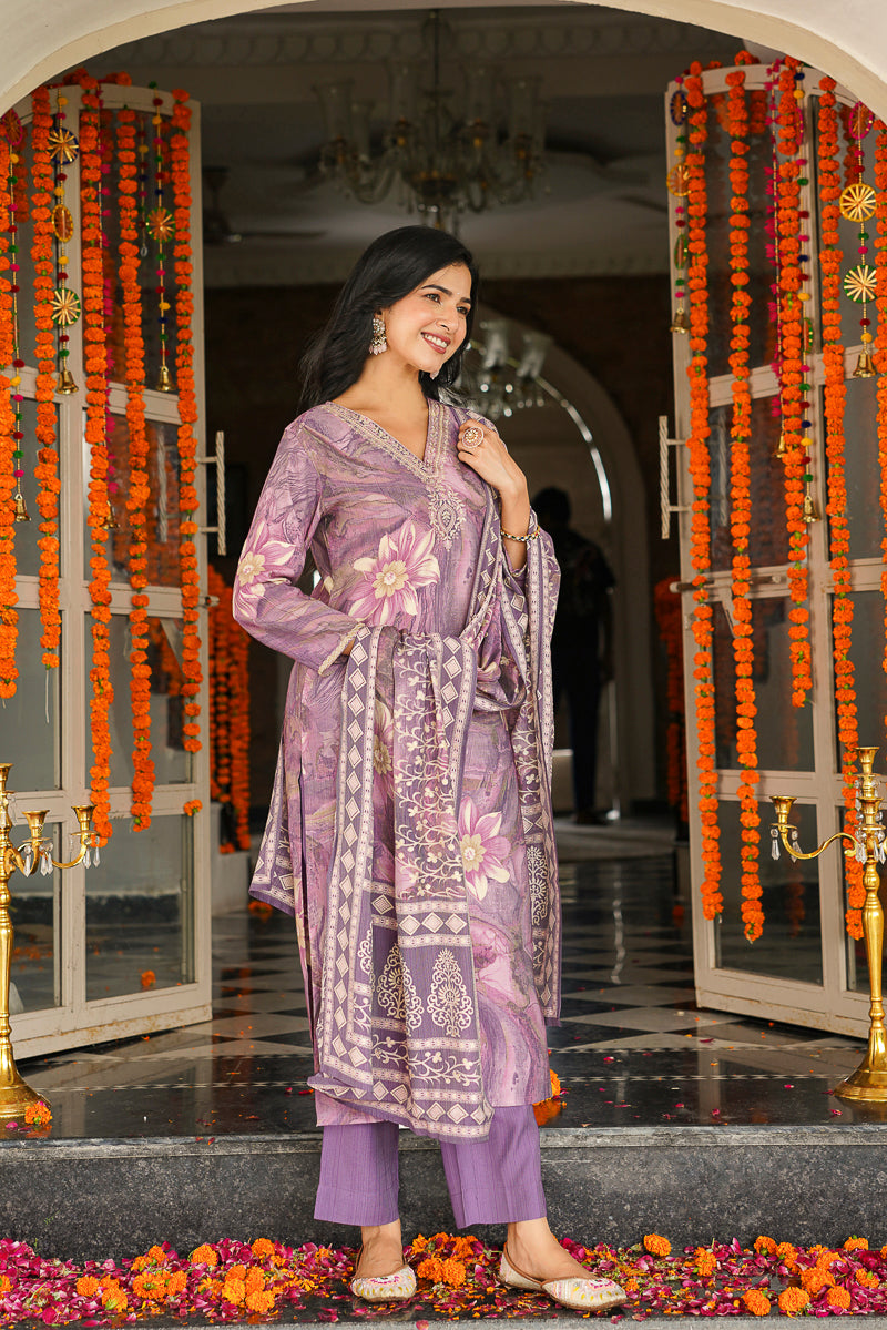 Lavender Viscose Rayon Floral Printed Straight Kurta Trousers With Dupatta | SHOBITAM