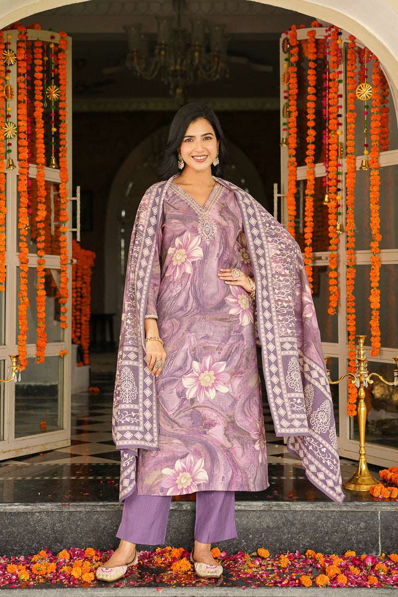 Lavender Viscose Rayon Floral Printed Straight Kurta Trousers With Dupatta | SHOBITAM
