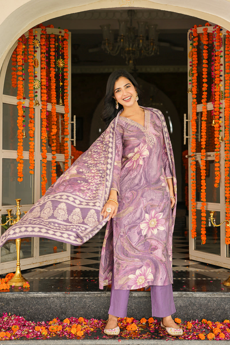 Lavender Viscose Rayon Floral Printed Straight Kurta Trousers With Dupatta | SHOBITAM