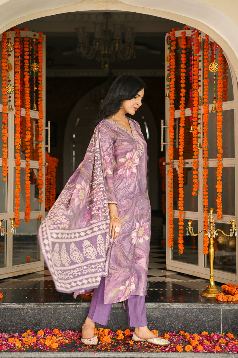 Lavender Viscose Rayon Floral Printed Straight Kurta Trousers With Dupatta | SHOBITAM