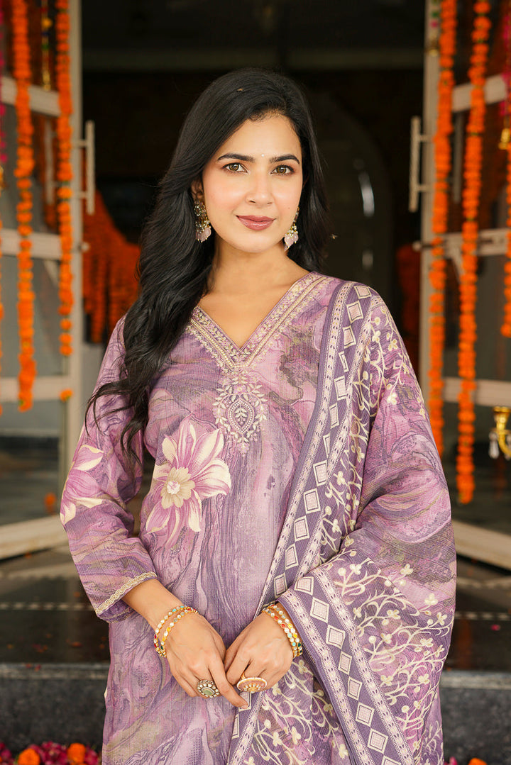 Lavender Viscose Rayon Floral Printed Straight Kurta Trousers With Dupatta | SHOBITAM