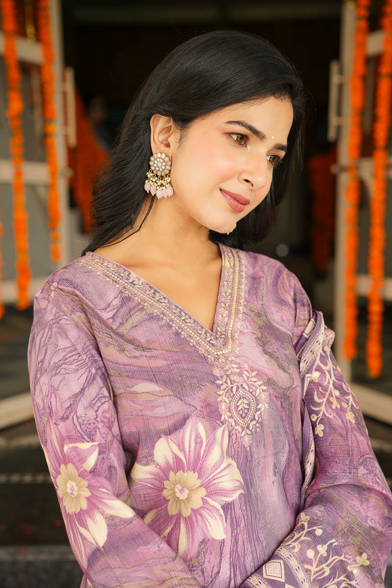 Lavender Viscose Rayon Floral Printed Straight Kurta Trousers With Dupatta | SHOBITAM