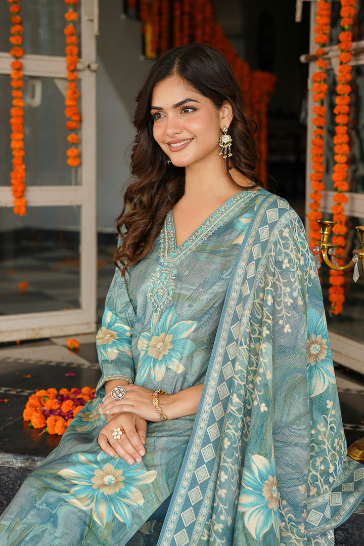 Blue Viscose Rayon Floral Printed Straight Kurta Trousers With Dupatta | SHOBITAM