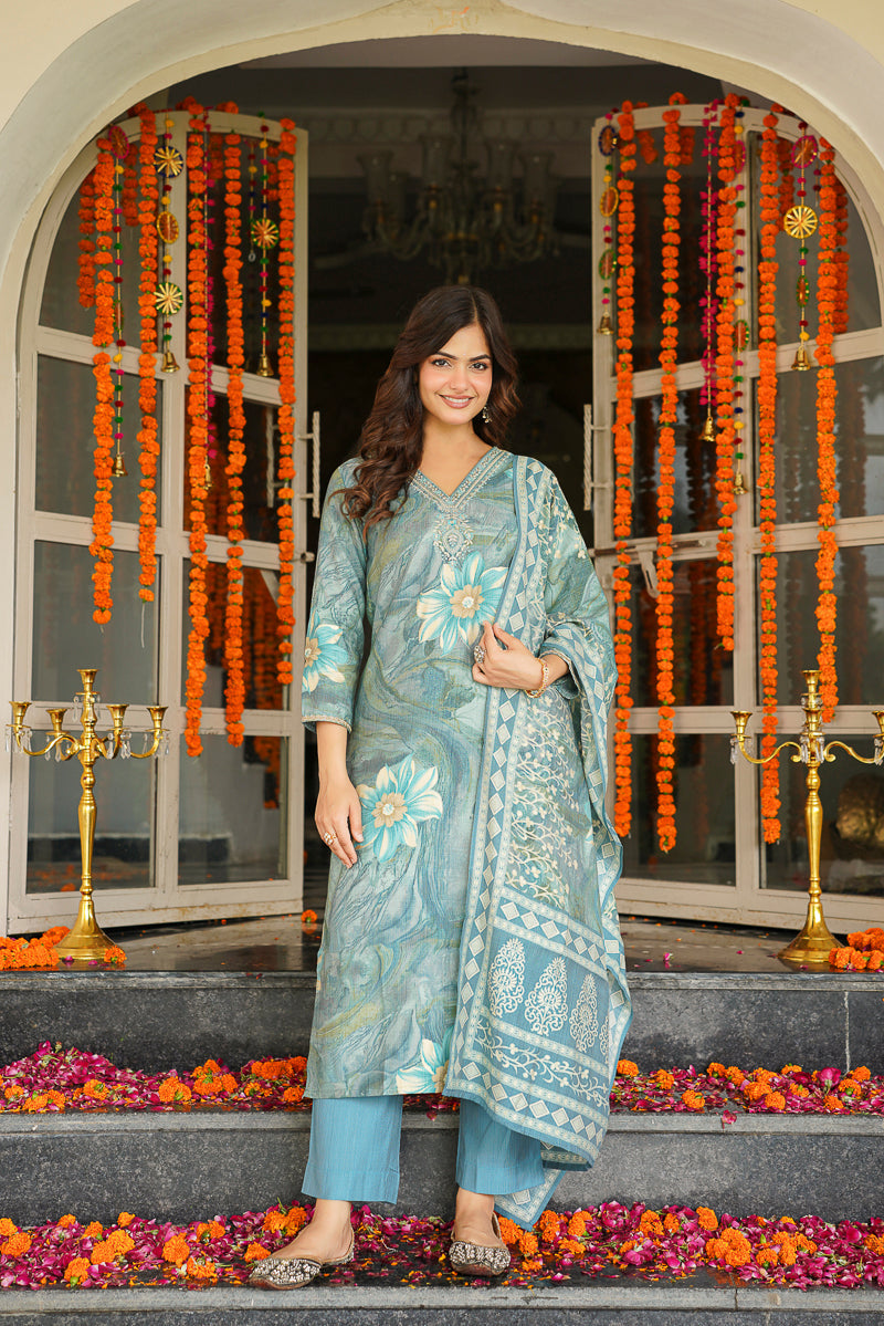 Blue Viscose Rayon Floral Printed Straight Kurta Trousers With Dupatta | SHOBITAM