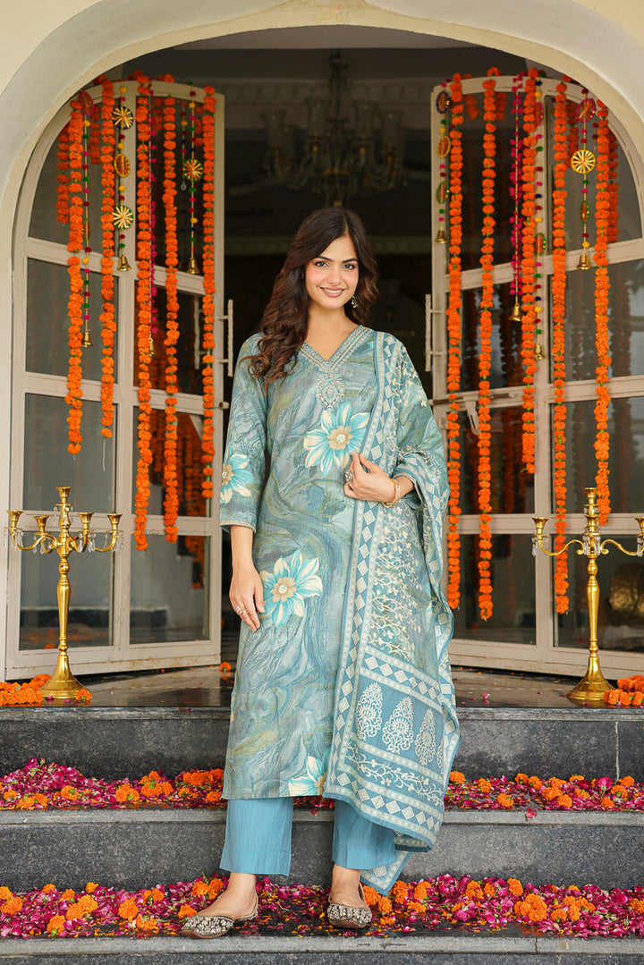 Blue Viscose Rayon Floral Printed Straight Kurta Trousers With Dupatta | SHOBITAM
