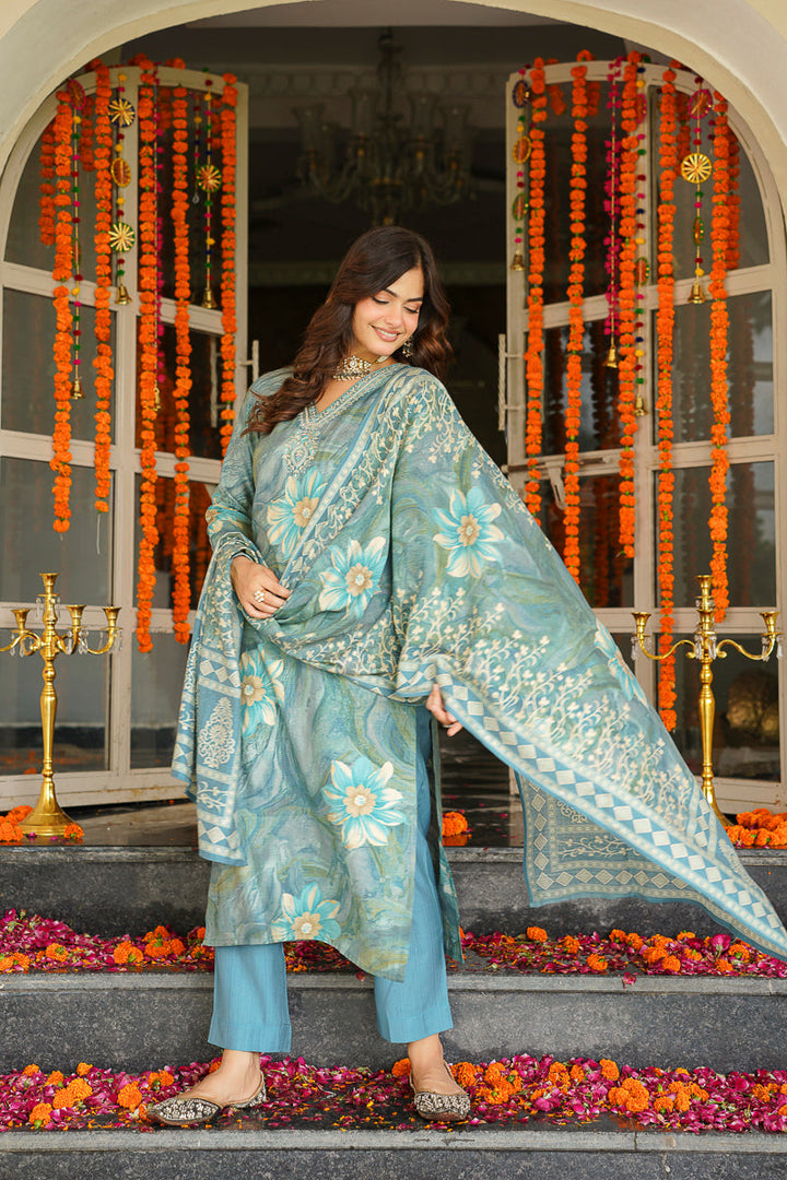 Blue Viscose Rayon Floral Printed Straight Kurta Trousers With Dupatta | SHOBITAM