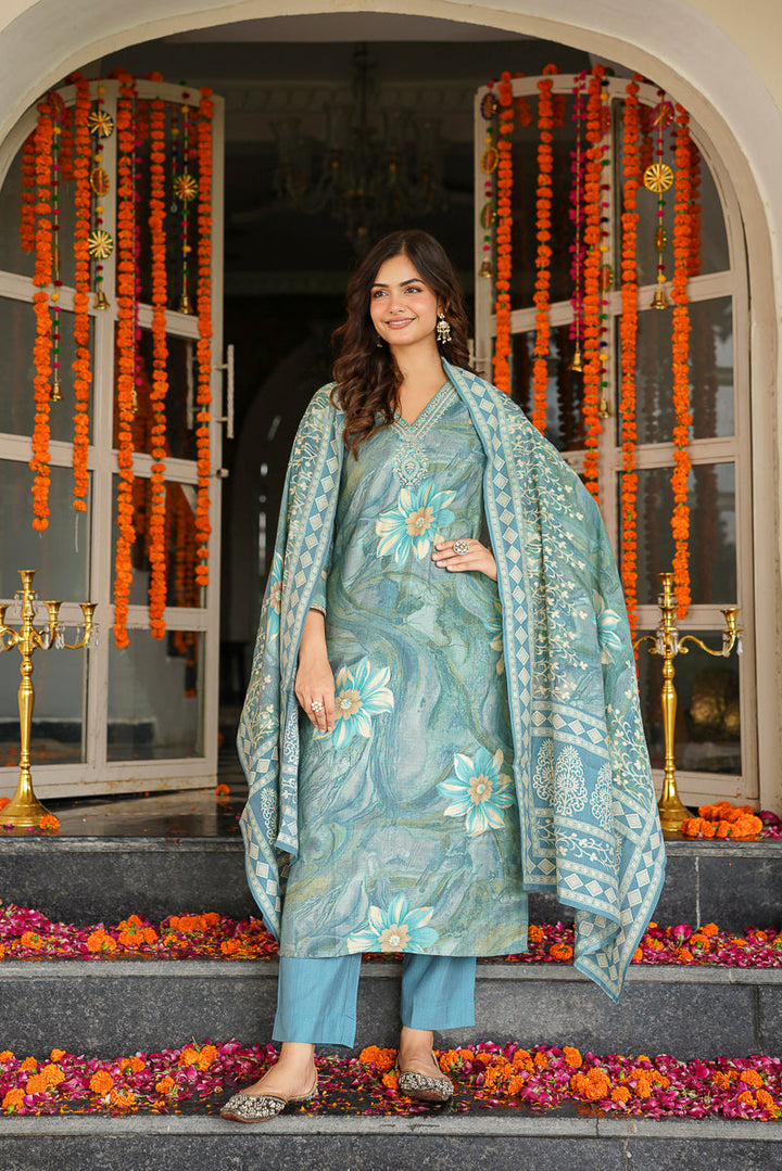 Blue Viscose Rayon Floral Printed Straight Kurta Trousers With Dupatta | SHOBITAM