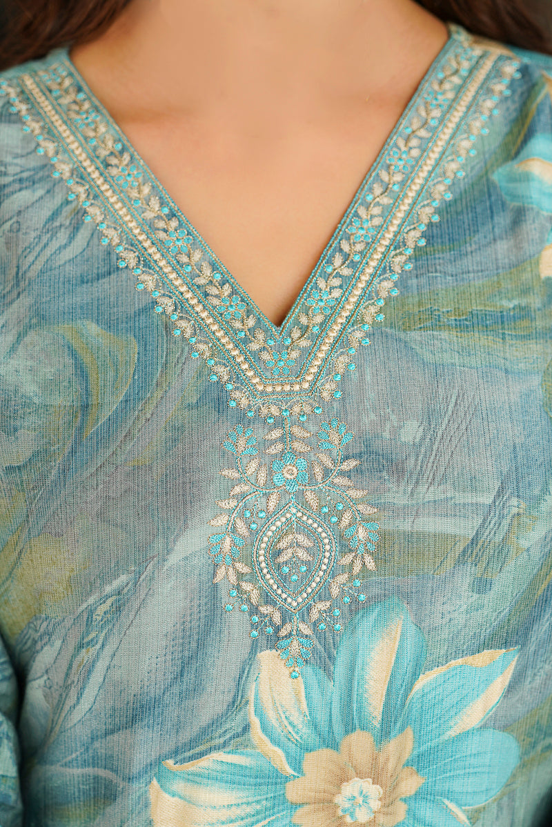 Blue Viscose Rayon Floral Printed Straight Kurta Trousers With Dupatta | SHOBITAM
