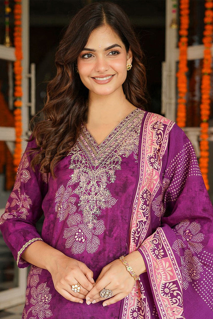 Purple Poly Chanderi Floral Embroidered Straight Kurta Trousers With Dupatta | SHOBITAM