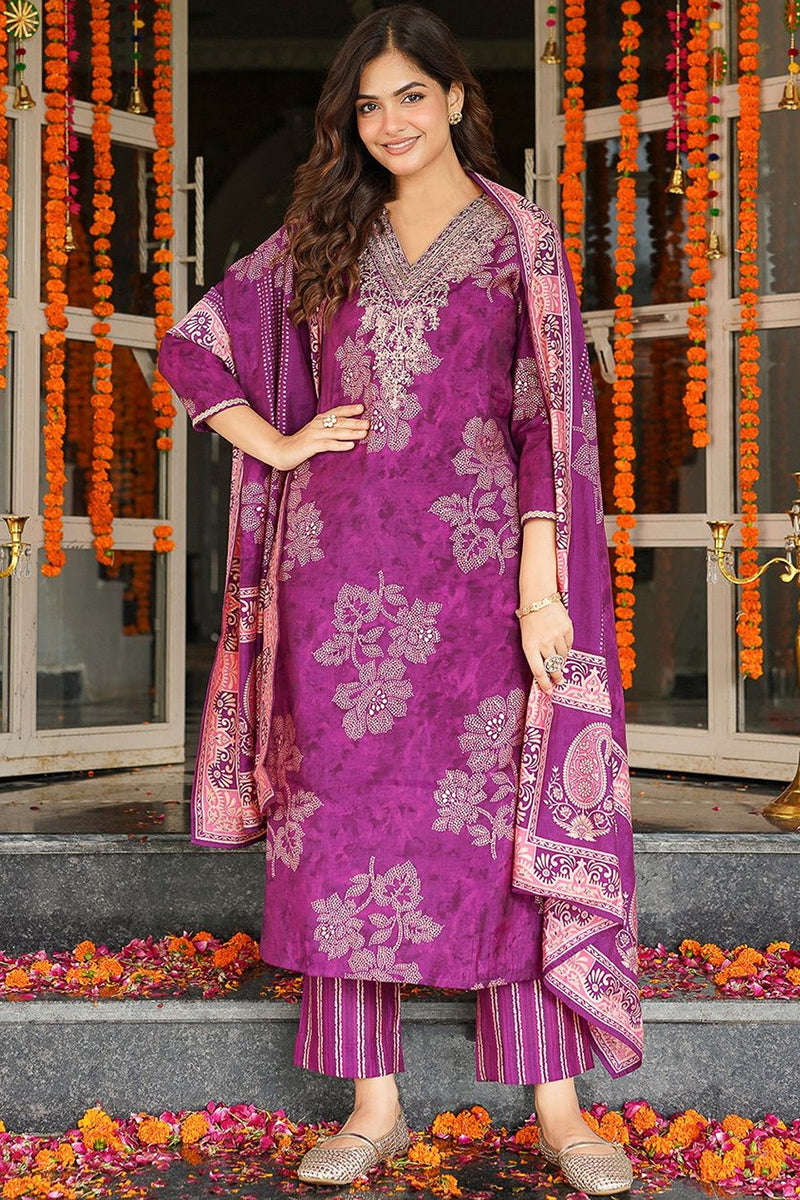 Purple Poly Chanderi Floral Embroidered Straight Kurta Trousers With Dupatta | SHOBITAM