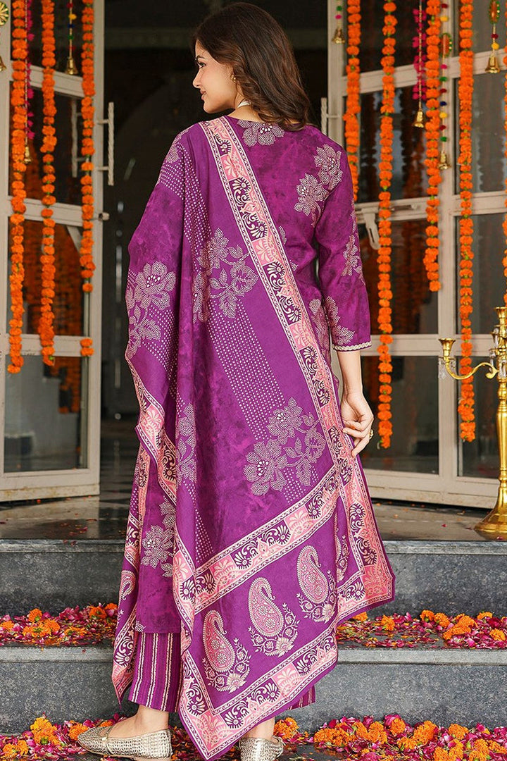 Purple Poly Chanderi Floral Embroidered Straight Kurta Trousers With Dupatta | SHOBITAM