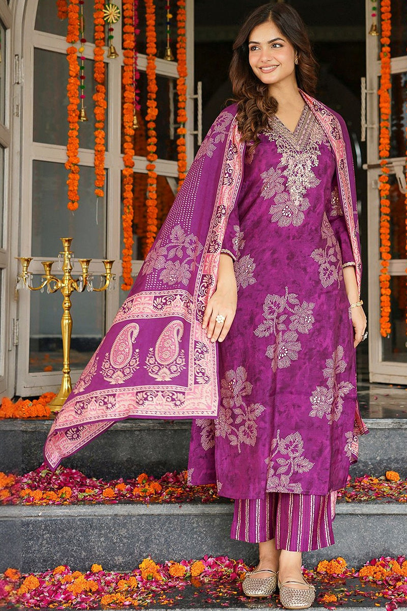 Purple Poly Chanderi Floral Embroidered Straight Kurta Trousers With Dupatta | SHOBITAM