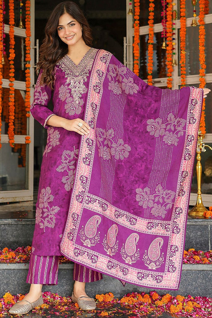 Purple Poly Chanderi Floral Embroidered Straight Kurta Trousers With Dupatta | SHOBITAM