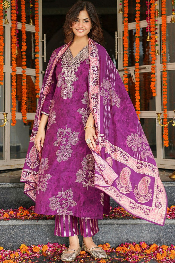 Purple Poly Chanderi Floral Embroidered Straight Kurta Trousers With Dupatta | SHOBITAM