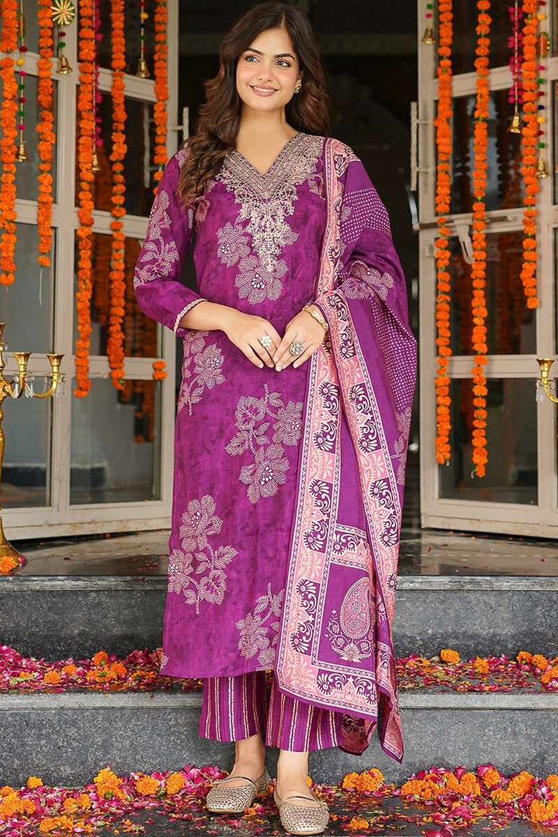 Purple Poly Chanderi Floral Embroidered Straight Kurta Trousers With Dupatta | SHOBITAM