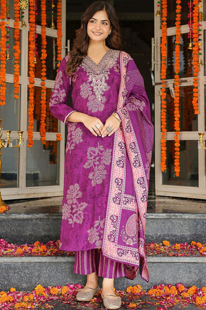 Purple Poly Chanderi Floral Embroidered Straight Kurta Trousers With Dupatta | SHOBITAM