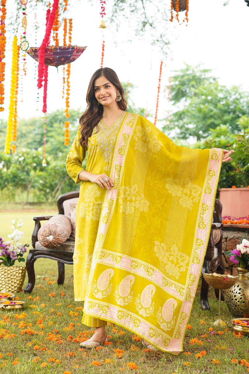 Yellow Poly Chanderi Floral Embroidered Straight Kurta Trousers With Dupatta | SHOBITAM