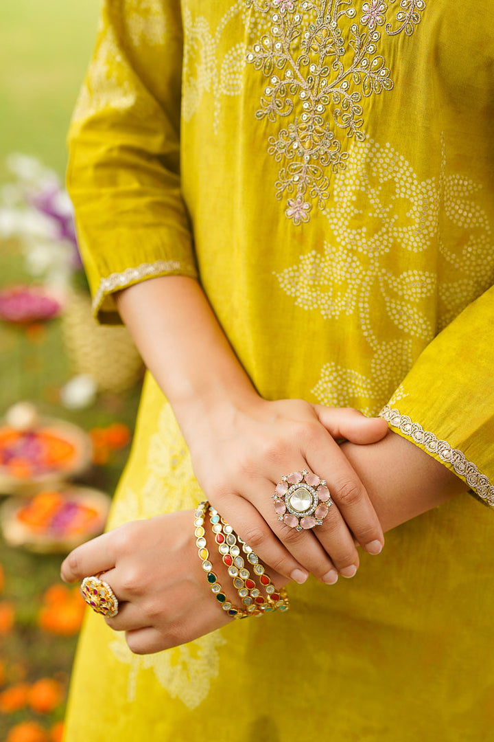 Yellow Poly Chanderi Floral Embroidered Straight Kurta Trousers With Dupatta | SHOBITAM