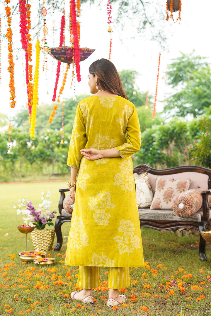 Yellow Poly Chanderi Floral Embroidered Straight Kurta Trousers With Dupatta | SHOBITAM