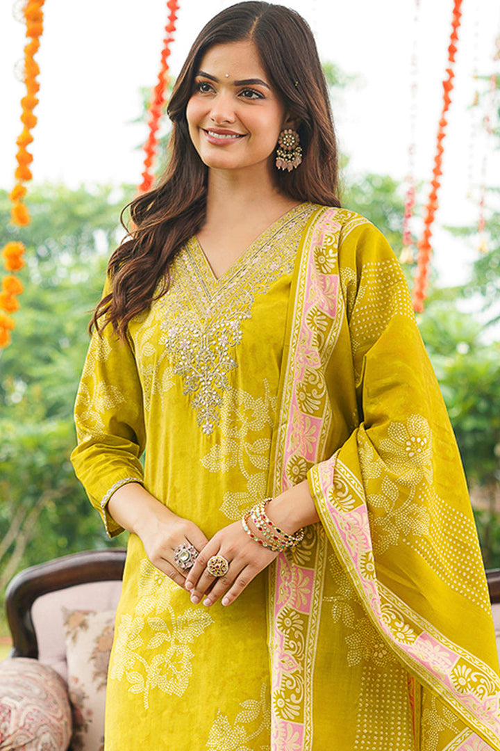 Yellow Poly Chanderi Floral Embroidered Straight Kurta Trousers With Dupatta | SHOBITAM